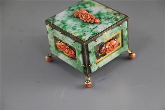 A Chinese jadeite and coral mounted silver-gilt trinket box, 10.1 x 10.1cm. height 9cm